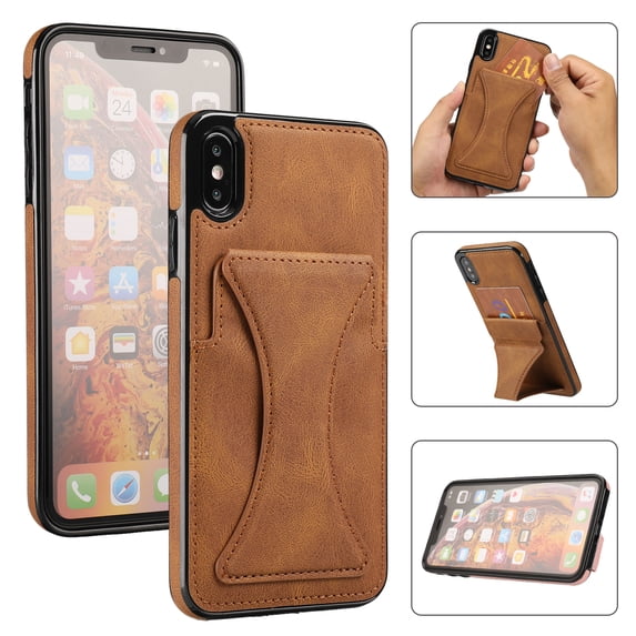 TOP SHE Case for Apple iPhone XS Max (6.5"), iPhone XS Max Case (6.5 Inch) - Synthetic Leather Protective Case with Card Slot / Kickstand, Slim Fit Lightweight Simple Fashion Cover (Brown)