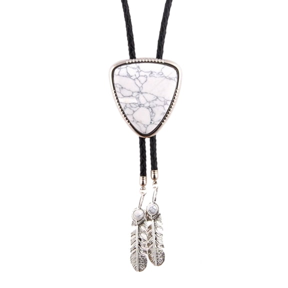Men Women Vintage Bolotie Triangular Stone Jewelry Faux Leather Rope Necktie Western Necklace with Feathered Pendant