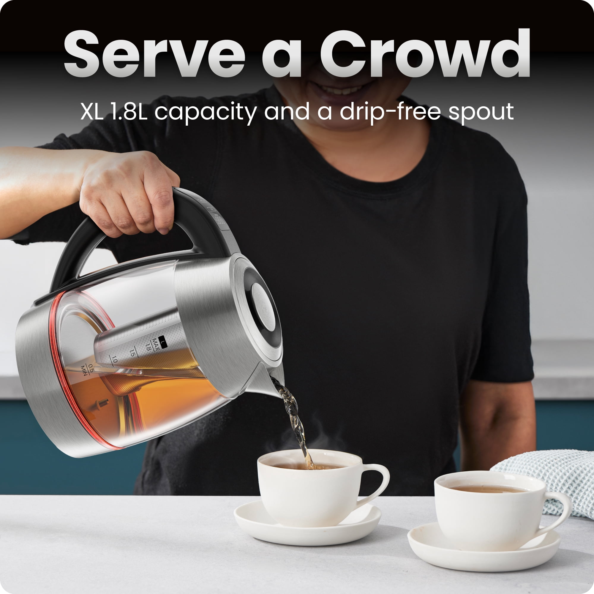 Chefman Lightning 1.8L Custom-Temp Electric Kettle, 1750W with Tea Infuser - Stainless Steel