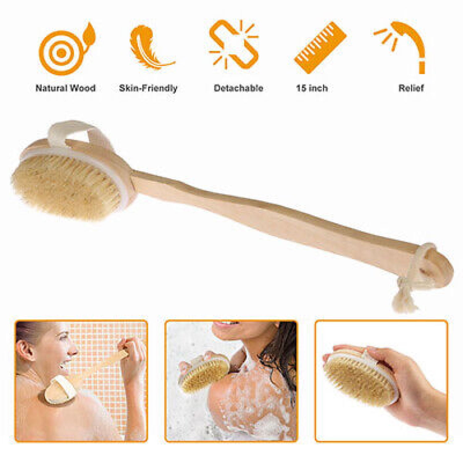 Long handle Premium Body Back Bath Brush Natural Bristle Shower Spa ...