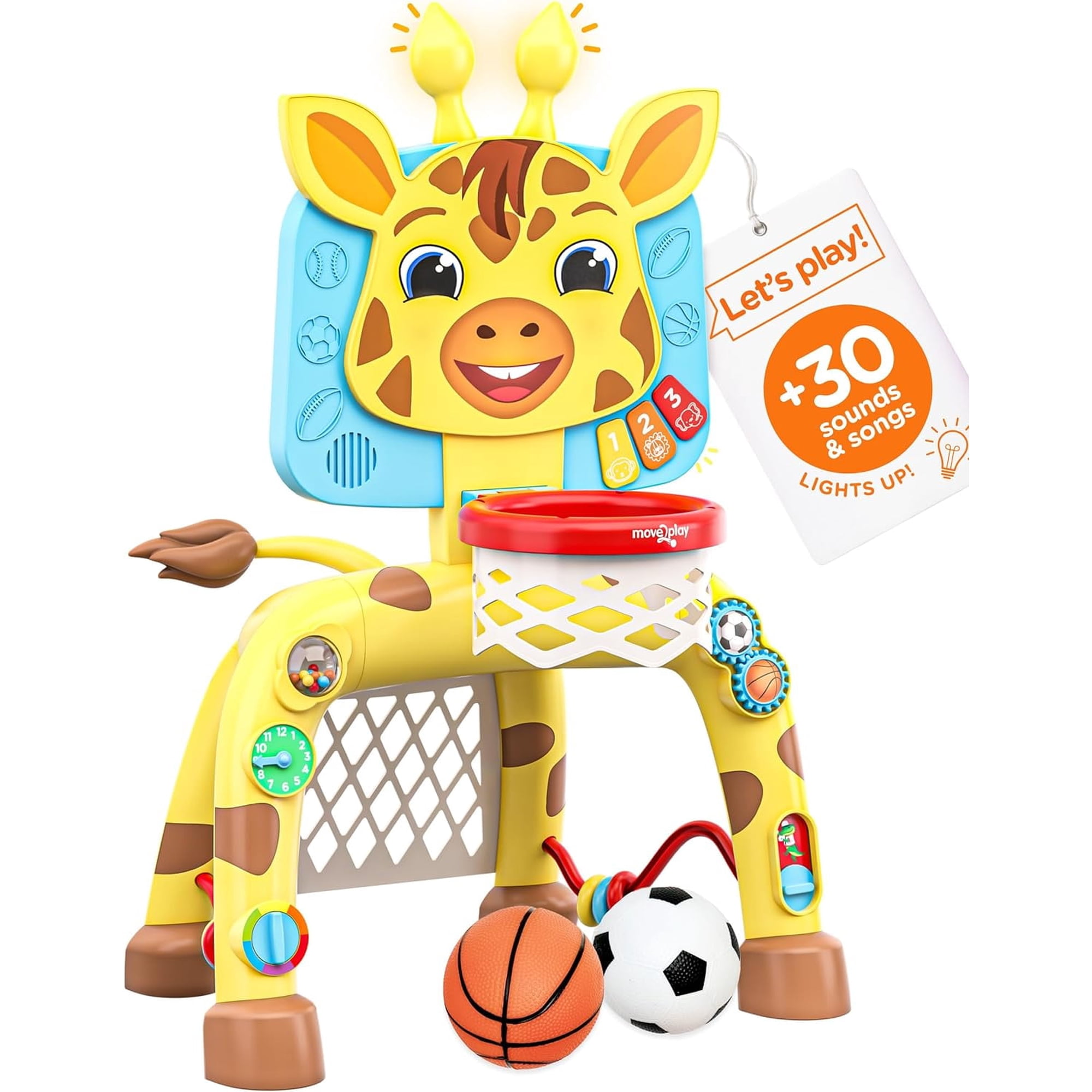 Move2play, Giraffe Basketball Hoop & Soccer Goal Activity Center | 30+ Sounds & Songs + 5 Lights | 1 2 3 Year Old Birthday Gift for Boys and Girls | Toy for Baby & Toddlers