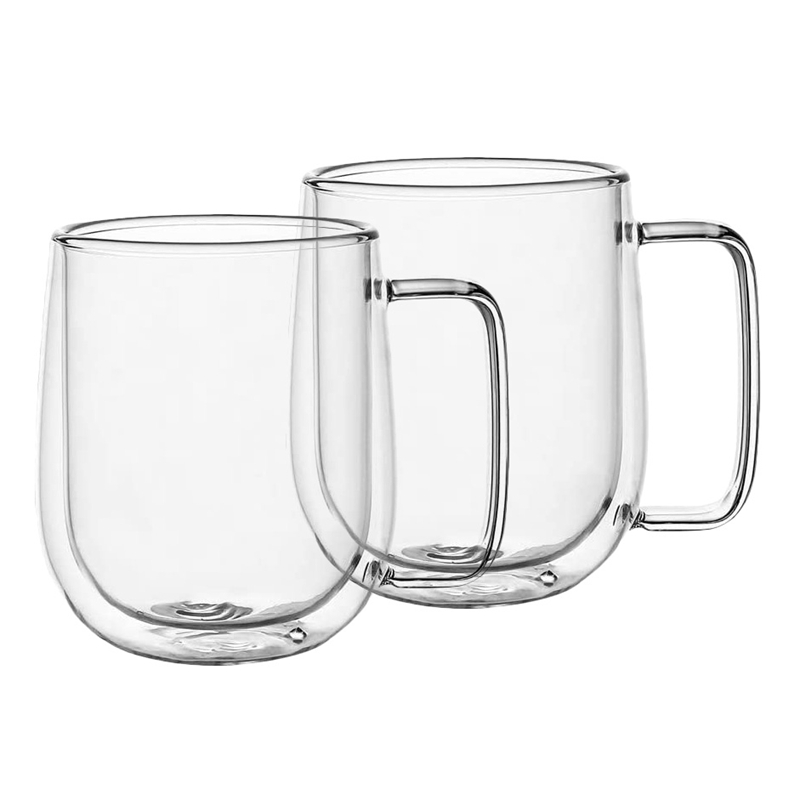 Double Wall Glass Coffee Mugs Tea Cups Set of 2, with Handle (300ML