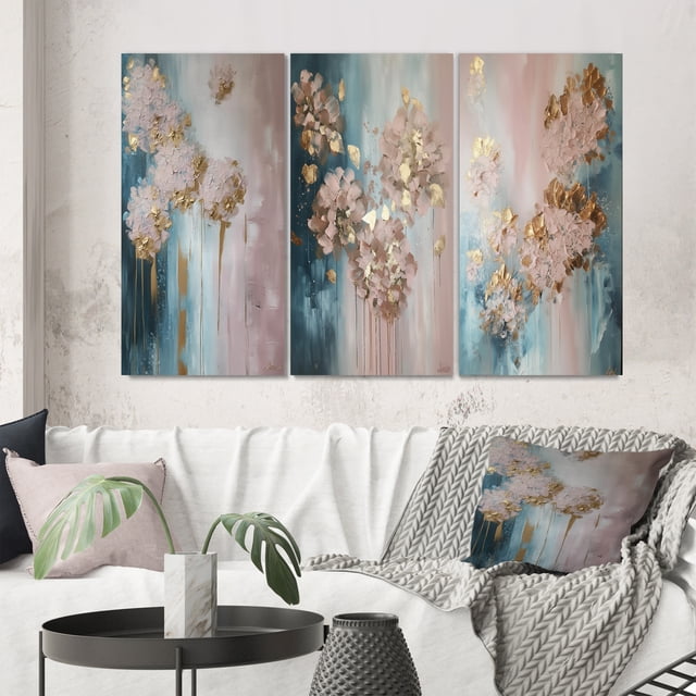 Designart "Abstract Retro Hydrangea Flower Blossom II" Hydrangea Wall Art Set Of 3 - Traditional Gold Canvas Set For Living Room Decor