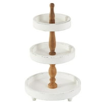 DecMode 15" x 24" White Wood 3 Tiered Server with Brown Turned Stand, 1-Piece