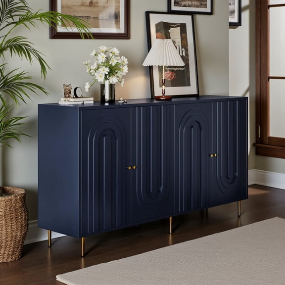 Hassch Modern 4-Door Buffet Sideboard, 60-Inch Accent Cabinet with Adjustable Shelves, Gold Handles & Metal Legs for Dining Room, Living Room or Entryway (Blue)