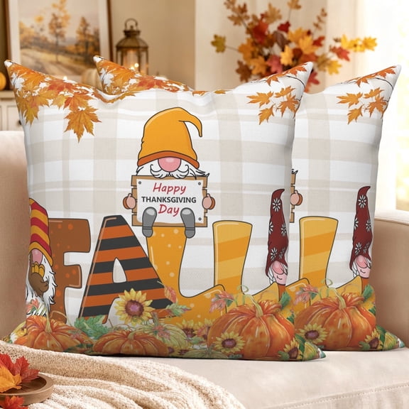 Fall Thanksgiving Gnome Pillow Covers 18x18 Set of 2 Double-Sided Farmhouse Pumpkin Buffalo Plaid Throw Pillows Case for Couch