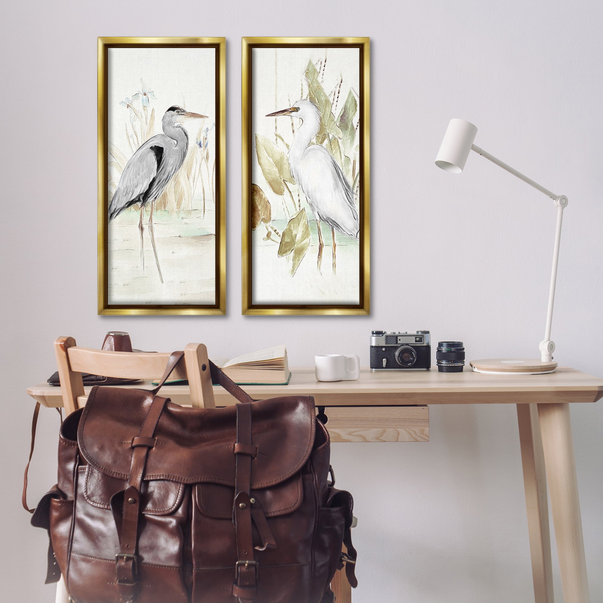 Stupell Industries Heron Egret Marsh Landscape Animals Painting Gold Floater Framed Canvas Art Print Wall Art, 14 x 31, Set of 2