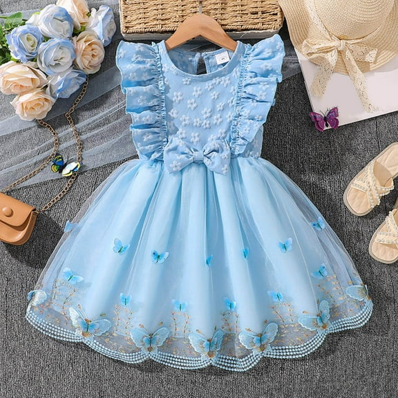 Toddler Girl Dress Kids Baby Girls Summer Butterfly Embroidered Flutter Sleeve Dress Fashion Princess Dresses Dresses for Girls Blue 3 Years-4 Years