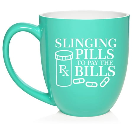 

Slinging Pills To Pay The Bills Funny Pharmacist Pharmacy Tech Gift Ceramic Coffee Mug Tea Cup Gift for Her Him Friend Coworker Wife Husband (16oz Teal)