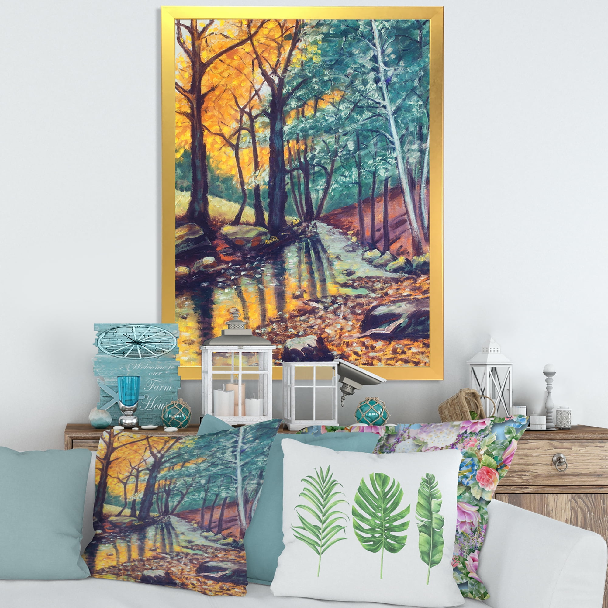 Designart 'Landscape With Autumn Forest Sunset River' Traditional Framed Art Print