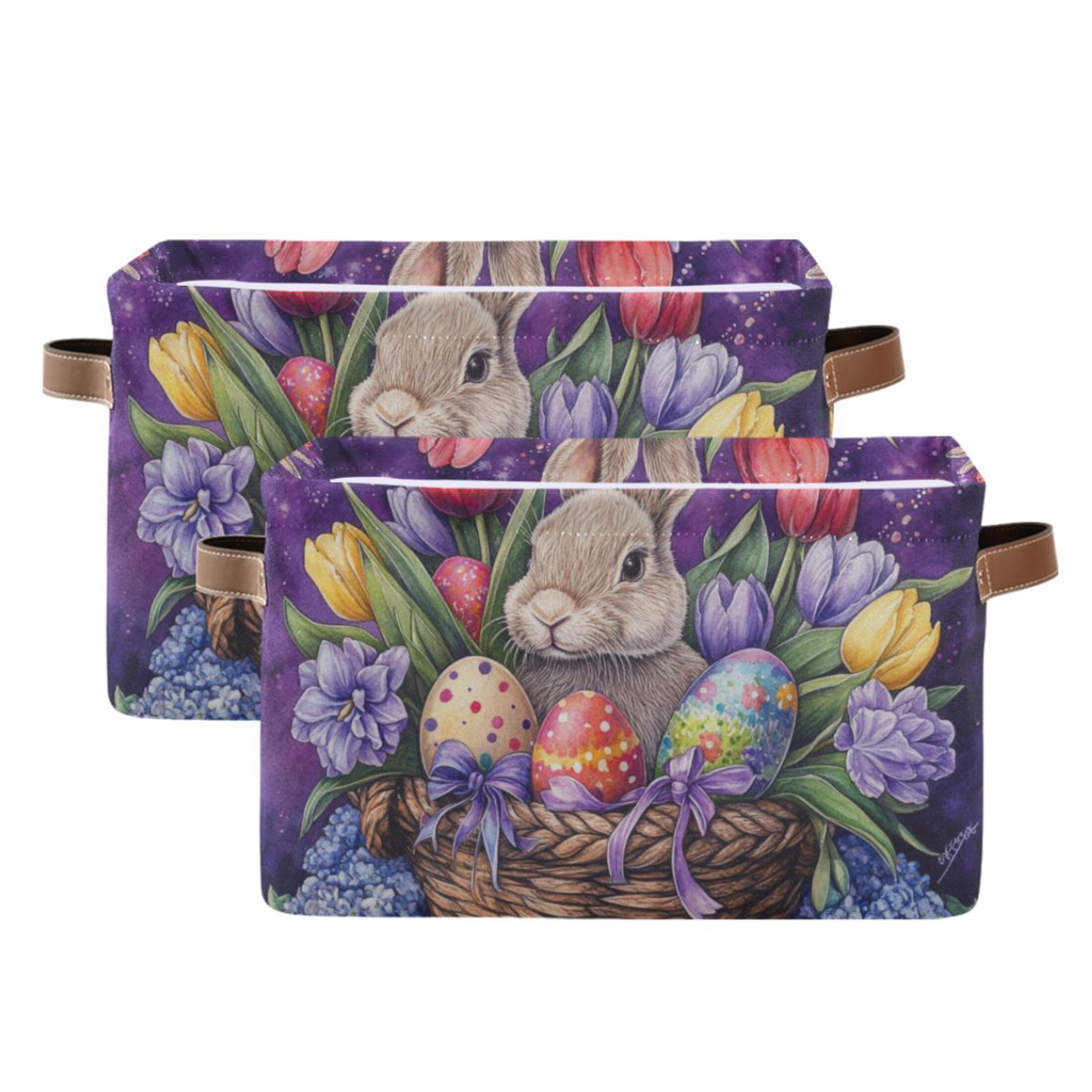 WOBOGO Easter Rabbit Purple Pattern Square Storage Basket with Waterproof Canvas and PE Lining Durable PU Leather Handles 14.2×10.2×8.3in