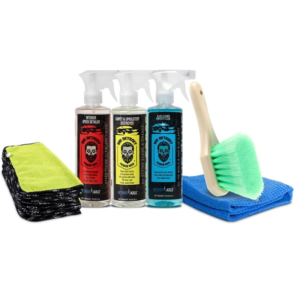 Mr. Detroit - 6pc Car Wash Kit with Glass Cleaner, Interior Speed Detailer, Carpet & Upholstery Cleaner, Wheel Body Brush and Microfiber Towels, Professional Detailing for Vehicles