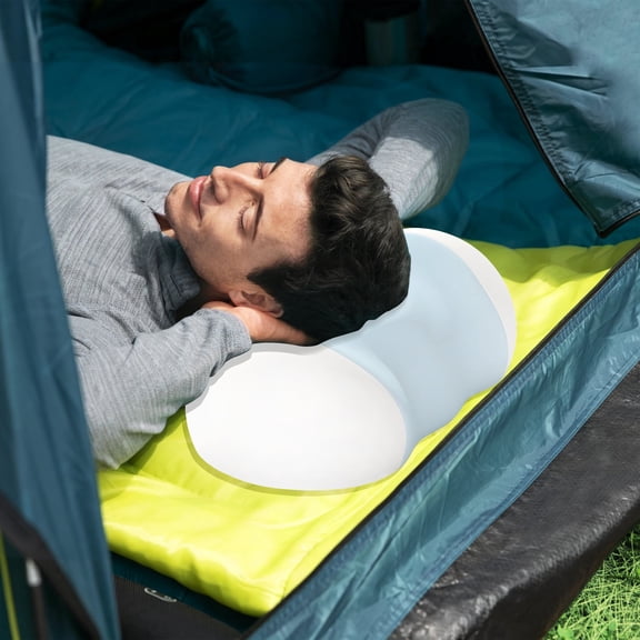 Mokiiya Cervical Memory Foam Pillow, Cooling Ice Silk Contour Neck Support Pillow, Portable Travel Pillow for Home & Camping Use, Fits All Sleepers,Blue with white