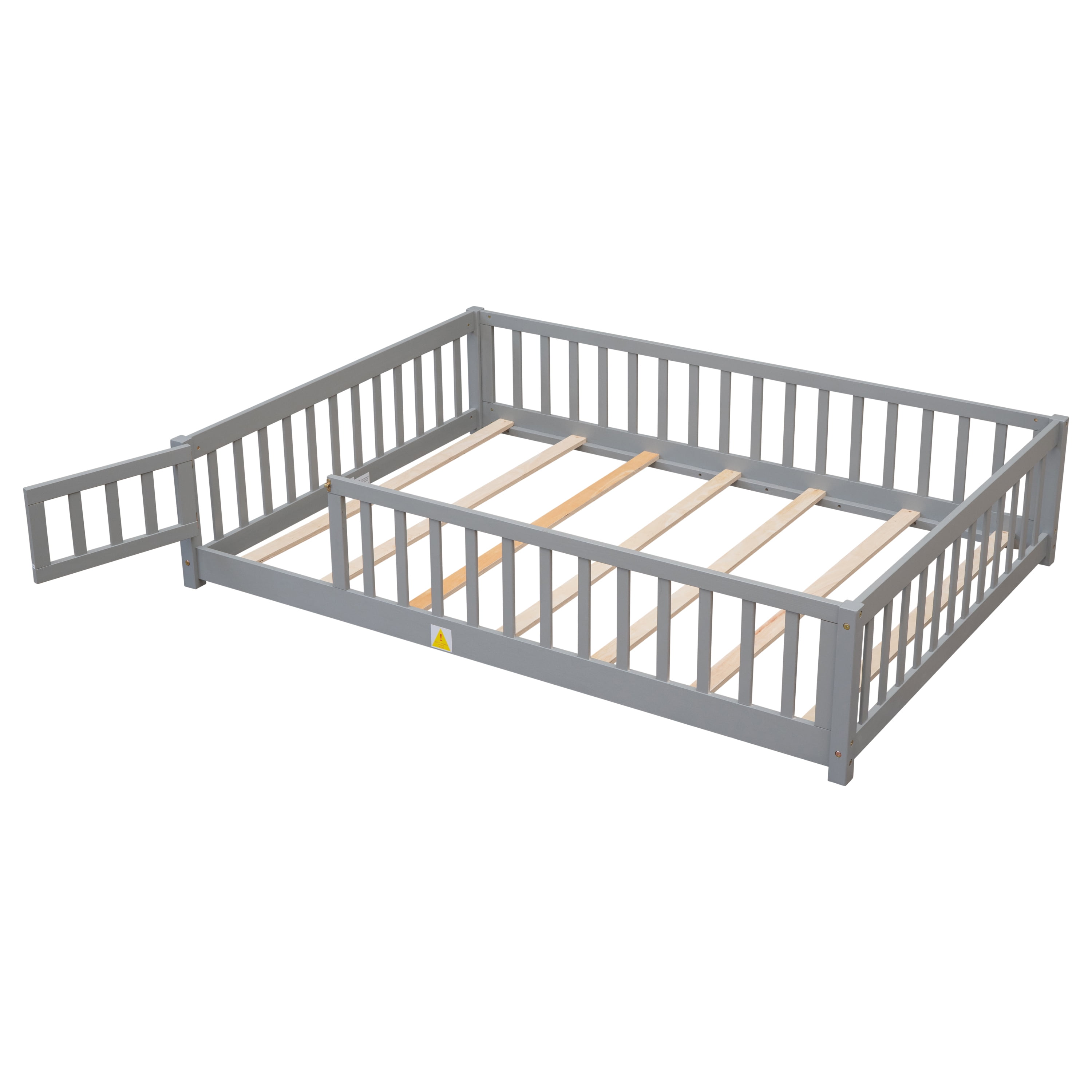 Miniyam Full Size Floor Bed with Guardrails and Door for Kids, Gray