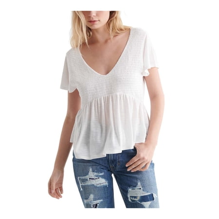 LUCKY BRAND Womens White Smocked Flutter Sleeve V Neck Baby Doll Top S