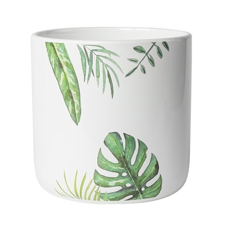 Mainstays 5.9”D x 5.9”H Round Ceramic Green Leaves Planter, White