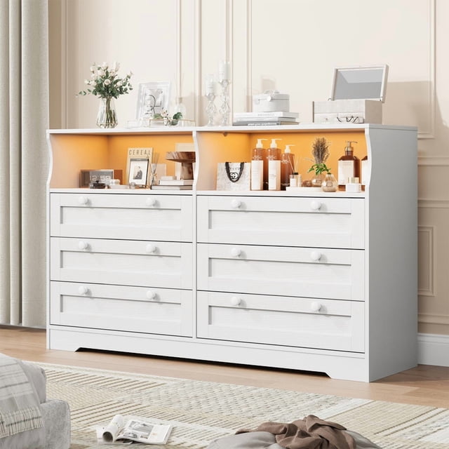 Modern Wood Dresser, 55" Wide 6 Drawer Chest with LED Light & Built-in Power Outlets for Bedroom, Living Room & Hallway