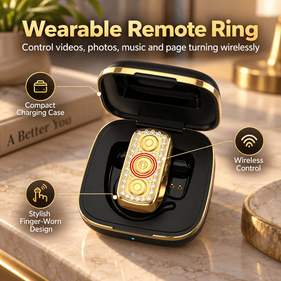 Fenbeli Bluetooth Scrolling Ring for TikTok with Glitter Rhinestones, Wireless Finger Remote Control & Page Turner with Charging Case, Camera Shutter for iPhone iPad Android, Gold