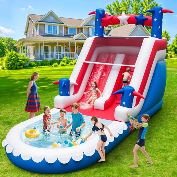 Inflatable Water Slide for Kids & Adults – 21FT XL USA Flag Blow Up Water Park with Large Splash Pool, Long Slide, Climbing Steps, Heavy-Duty PVC – Backyard Summer Fun