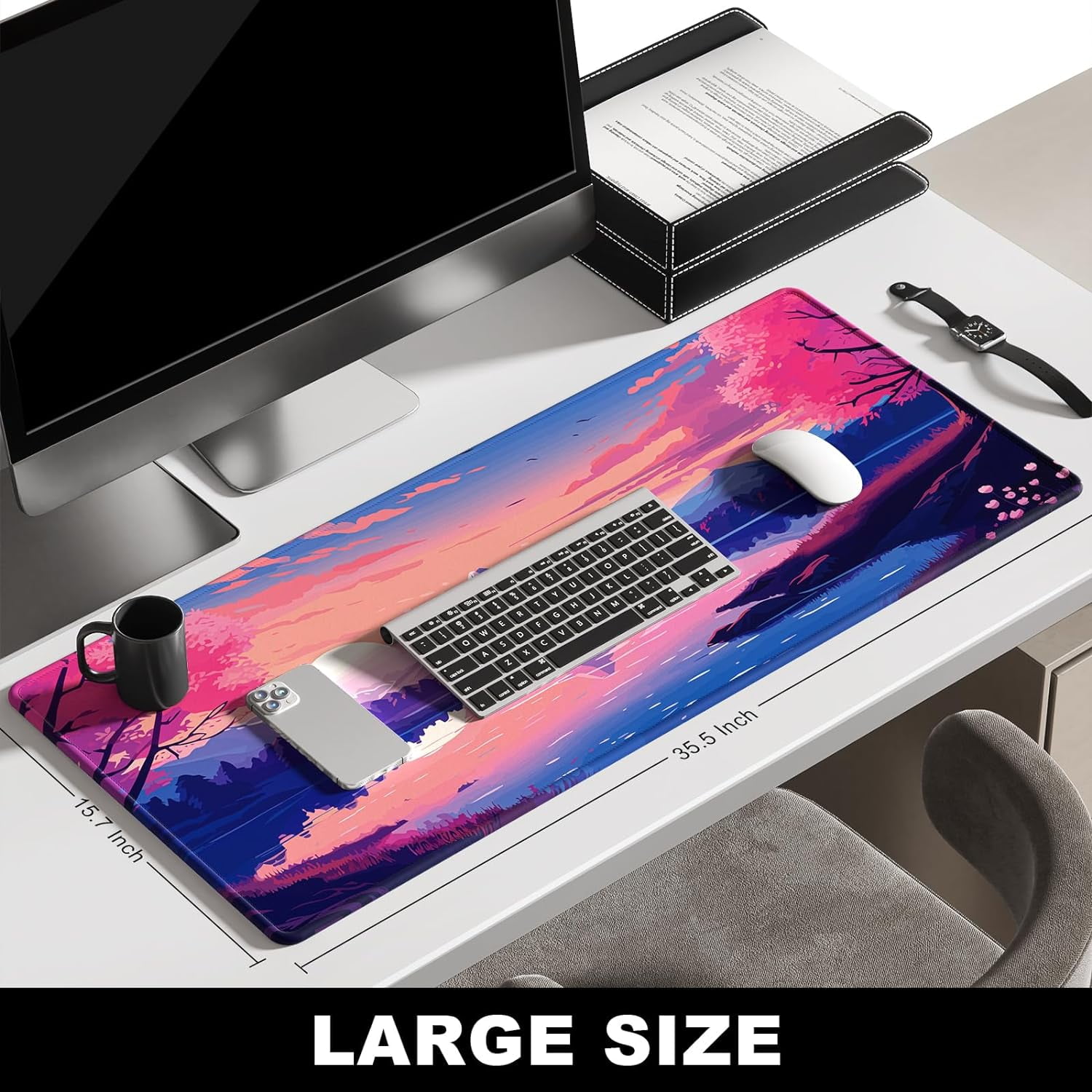Large Mouse Pad, Desk Pad, XXL XL Extended Gaming Mouse Pad, Desk Mat for Office & Home, Long Keyboard Mat, Huge Mouse Pad, Desktop Full Cover 35.5 x 15.7 Inches, Anime Tranquil Sakura Lake