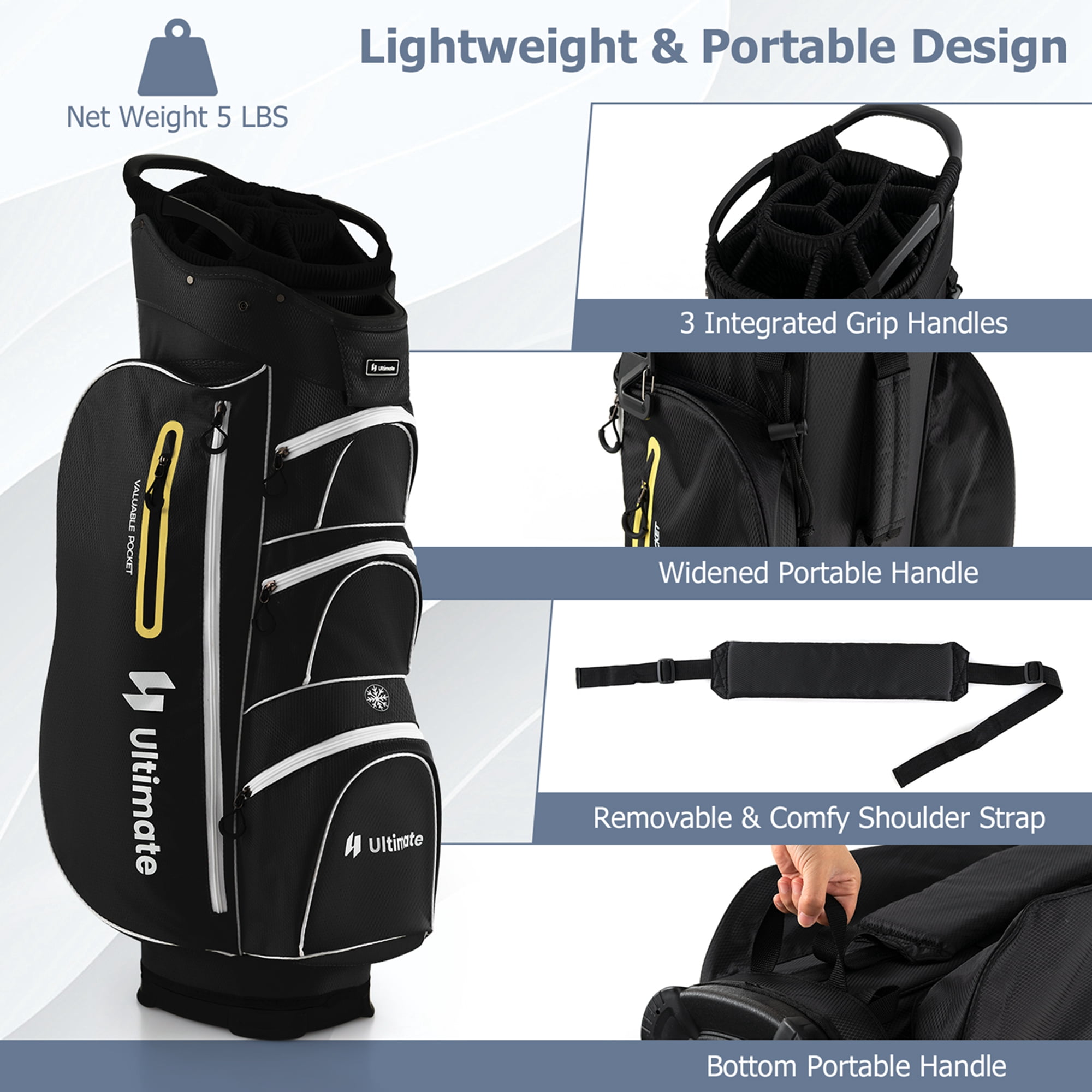 Costway Lightweight Golf Cart Bag with 15 Way Top Divider Individual Putter Well Cooler Bag Black
