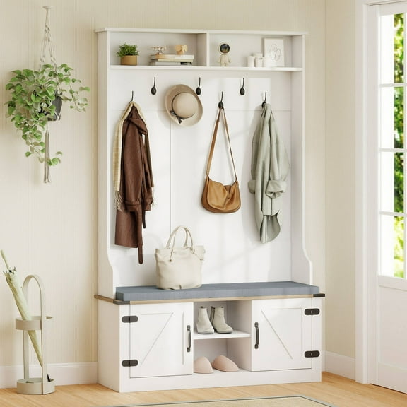 KDTHTF 68.5” 4-in-1 Hall Tree with Cushioned Bench, Shoe Storage, 7 Hooks & 2 Cabinets, Entryway Coat Rack, Farmhouse Furniture, White