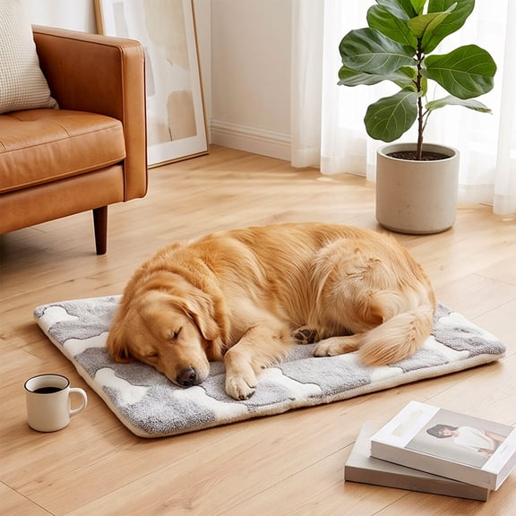 Racsoh Thick Warm Pet Sleeping Mat, Gray Plush Soft Surface Bed Pad for Dogs Cats, Machine Washable Non Slip Cushion for Crate Floor Sofa All Season (XL)