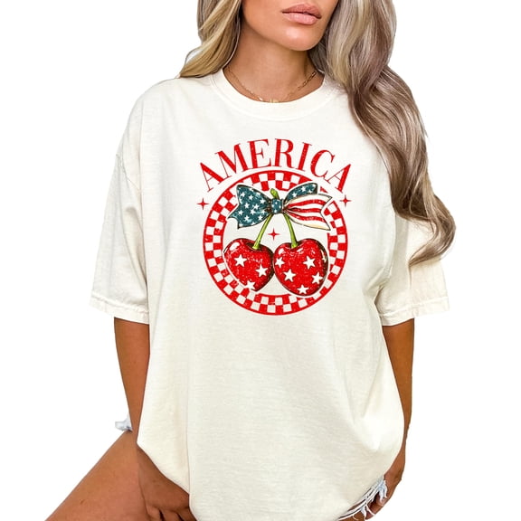 Trendy America Shirt for Women & Teens Patriotic Stars and Stripes Cherry Bow Tee Ivory Shirt Adult Small