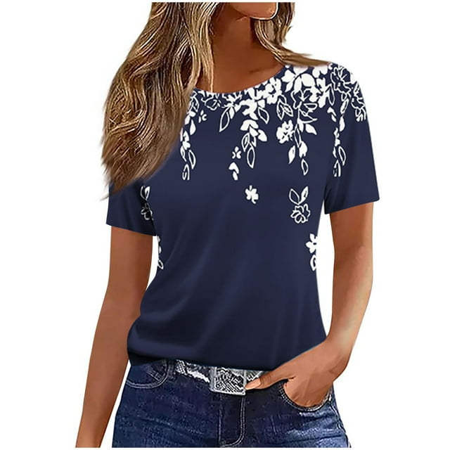 Tops de Manga Corta de Algodón para Mujeres Cuello Redondo Impreso Casual, Blusa de Moda para el Hogar Y el Uso Diario