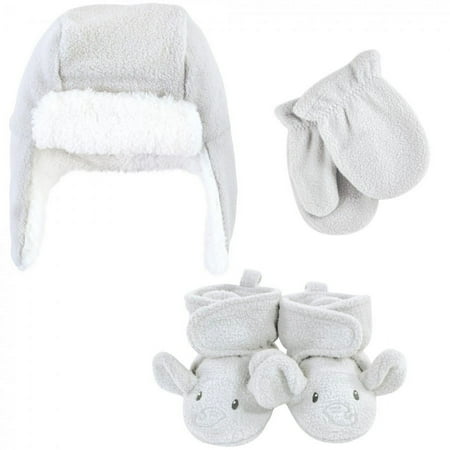 UPC: 0660168593990 | Hudson Baby Unisex Baby Trapper Hat Mitten and Bootie Set Gray Elephant 12-18 Months