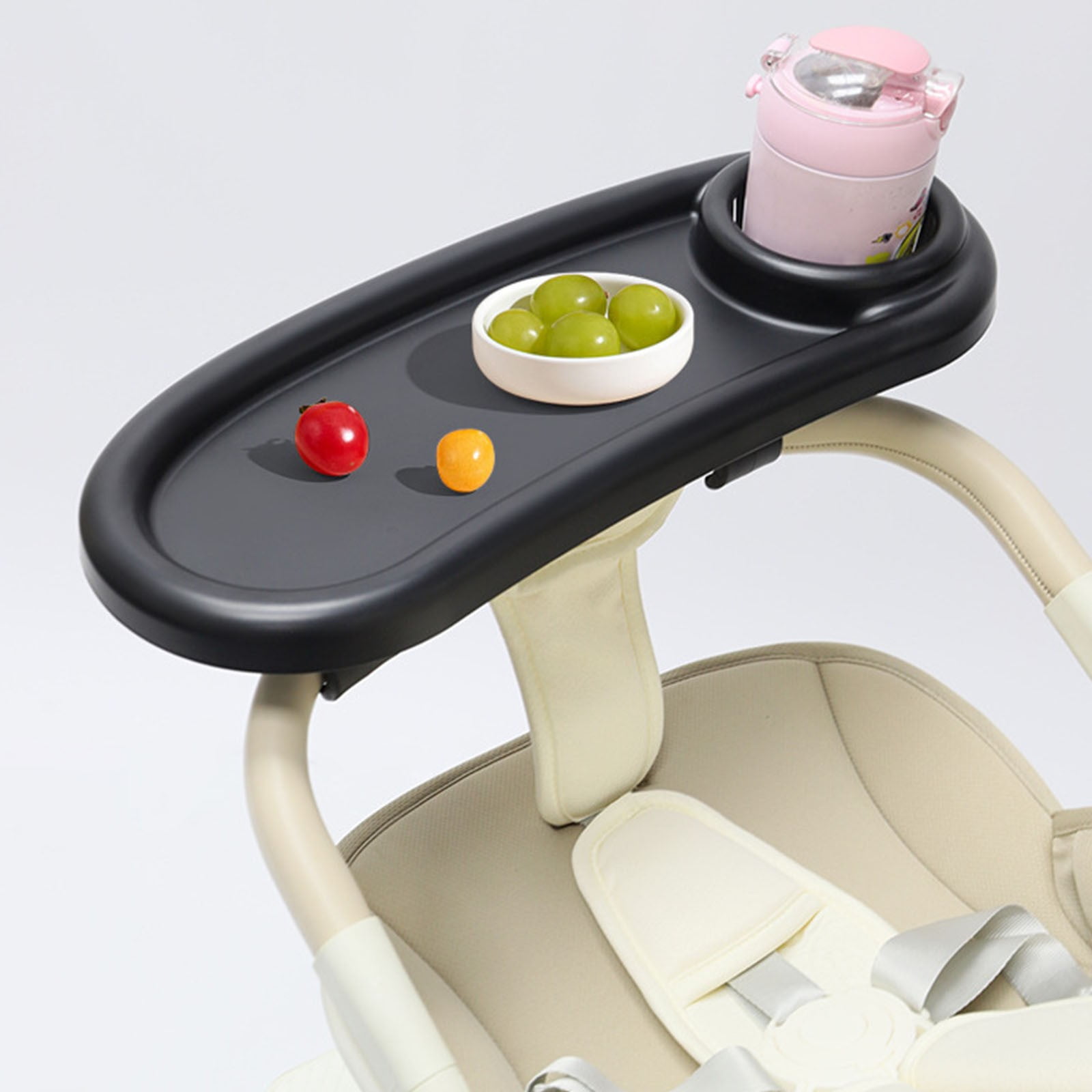 Universal Snack Tray for Stroller, Cup Holder Tray with Flexible Silicone Arm Gripper, Stays in Place Tray Attachment,Snacking On The Go, Stroller Travel Accessories, Universal Fit,Black