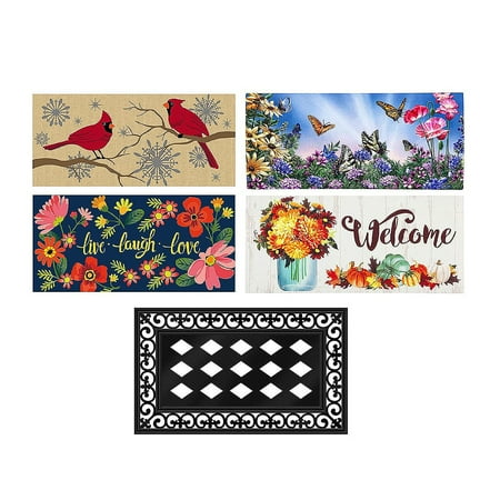 Evergreen Indoor Outdoor Doormat Bundle Set of 5 - Frame and 4 Holiday Seasonal Inserts Valentine s Day Easter 4th of July and St. Patricks