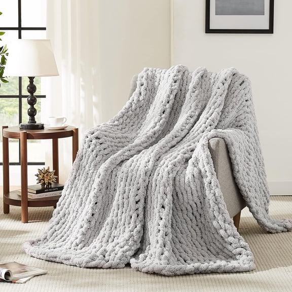 L'AGRATY Chunky Chenille Knit Throw – 60''x80'' Cable Knit Blanket, Handmade Thick Crochet Soft Throw Blanket for Couch Bed Home Decor, Grey