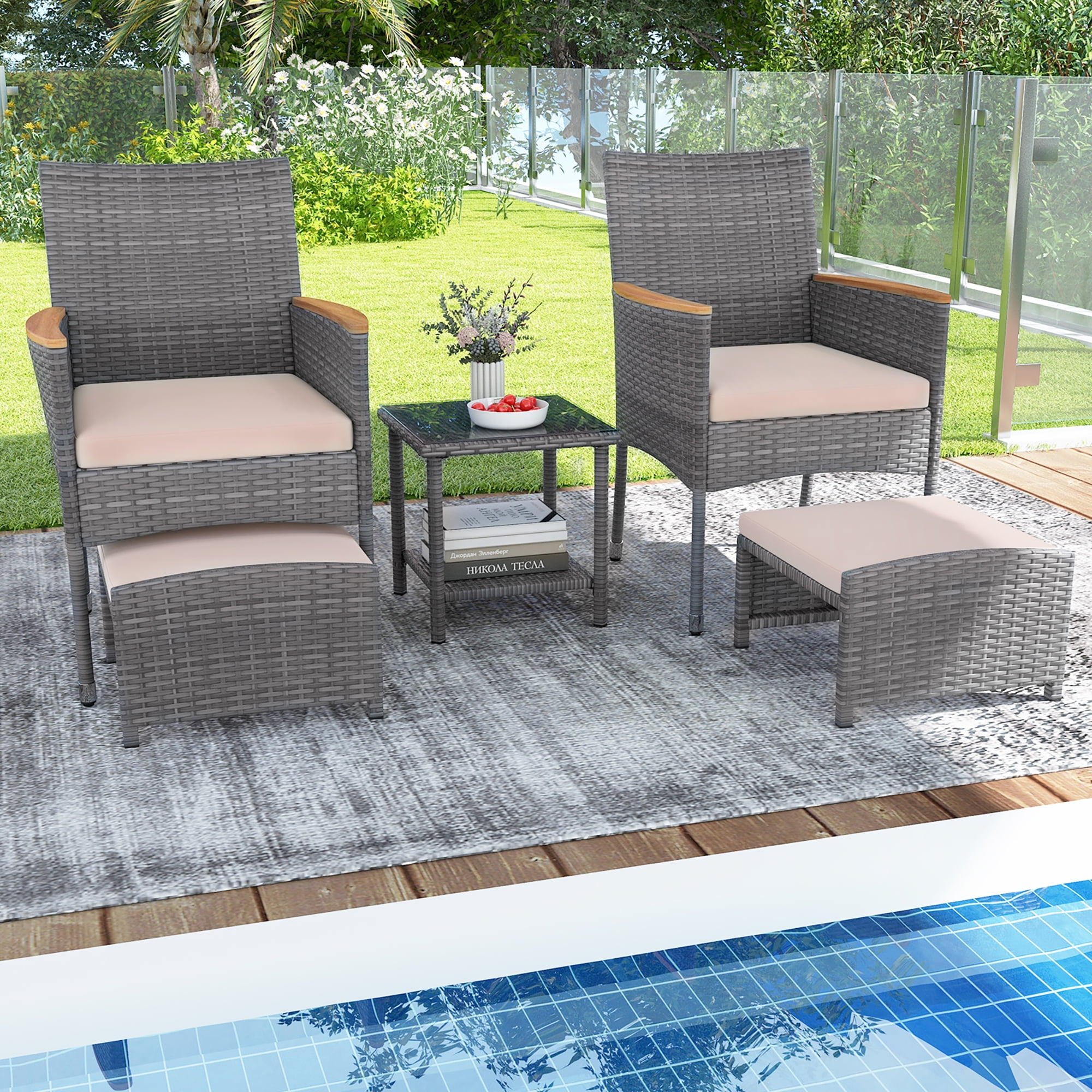 Gymax 5 Pieces Wicker Patio Furniture Set PE Rattan Porch Chairs w/ Ottomans