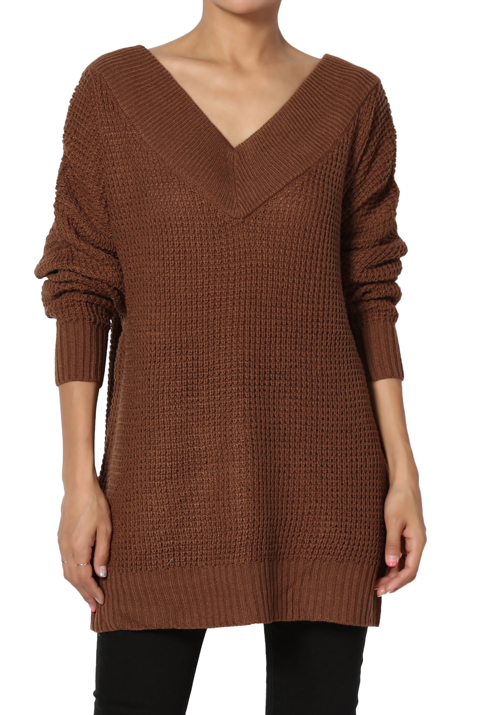 TheMogan Women's S~3X Off Shoulder Waffle Knit Wide V-Neck Tunic