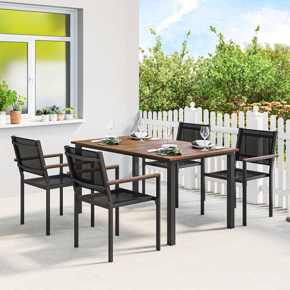 Outsunny Outdoor Dining Set for 4, 59" Rectangle Acacia Wood Outdoor Table and 352 LBS Stackable Chairs, Patio Set for Garden, Backyard, Deck, Teak