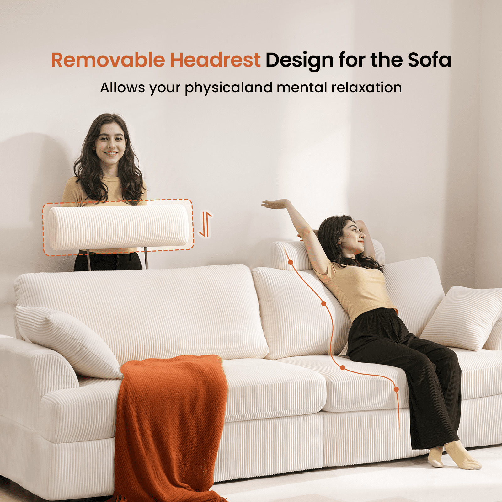 87" Cloud Comfy Sofa Couch with Deep Seat and Thick Cushion, Corduroy Upholstered Fabric Soft Couch for Living Room Office, Beige (Includes Headrest)