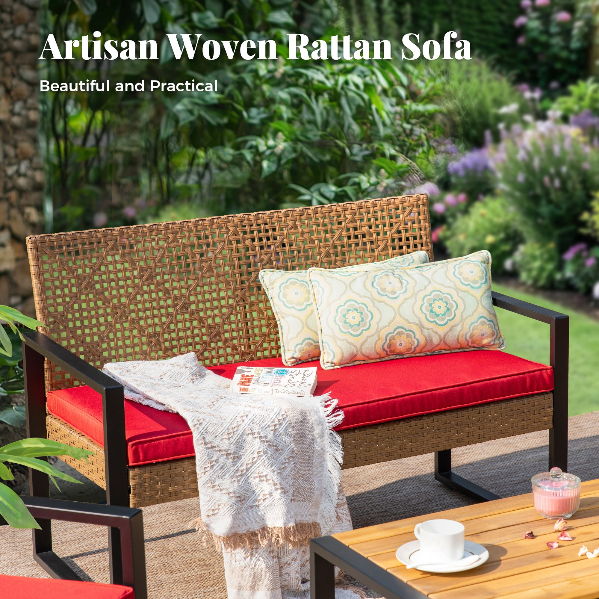 MF Studio 4-Piece All-Weather Rattan Patio Furniture Set, Outdoor Conversation Set with Wood Table, Brown and Red