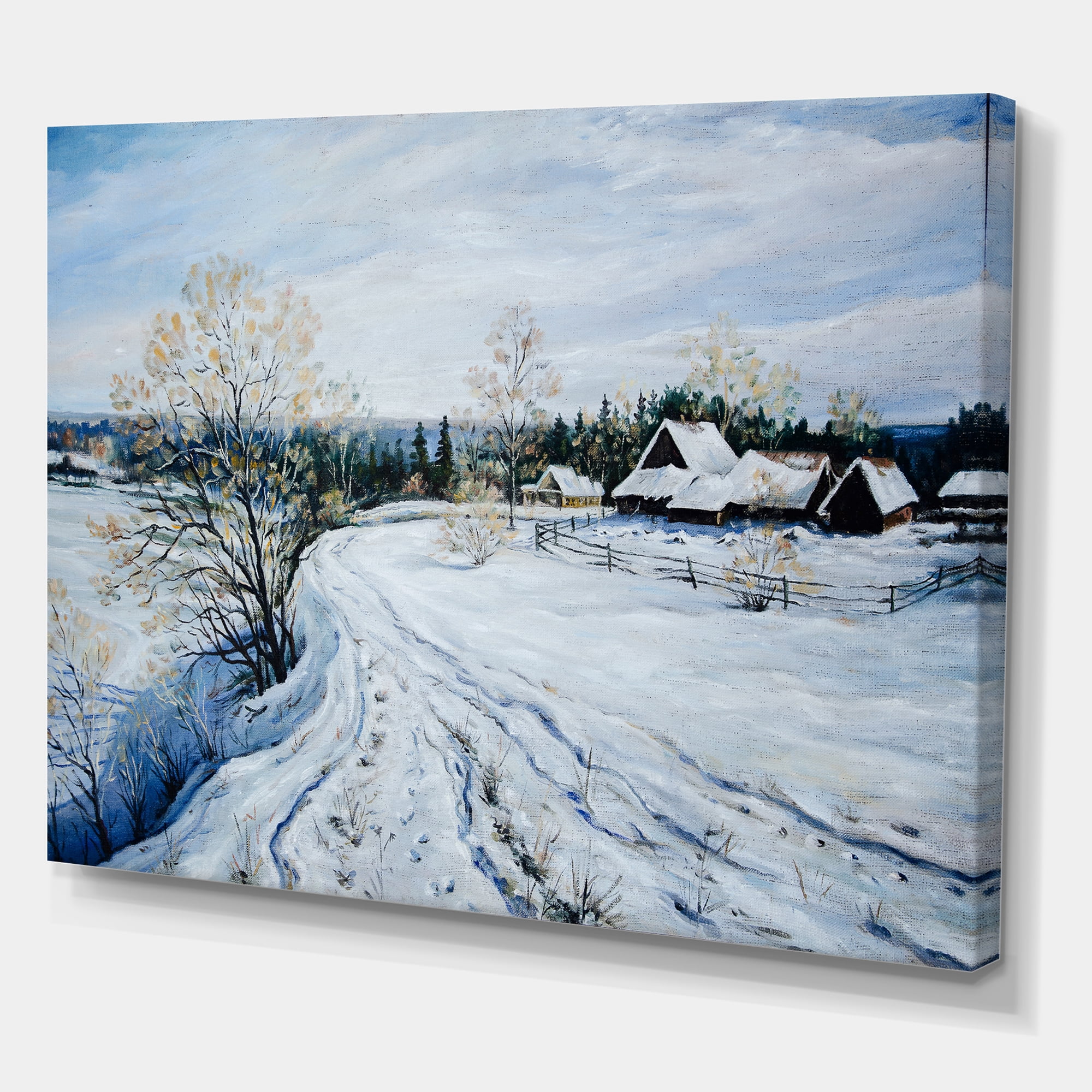 Country Road In Winter Times Landscape II 32 in x 16 in Painting Canvas Art Print, by Designart