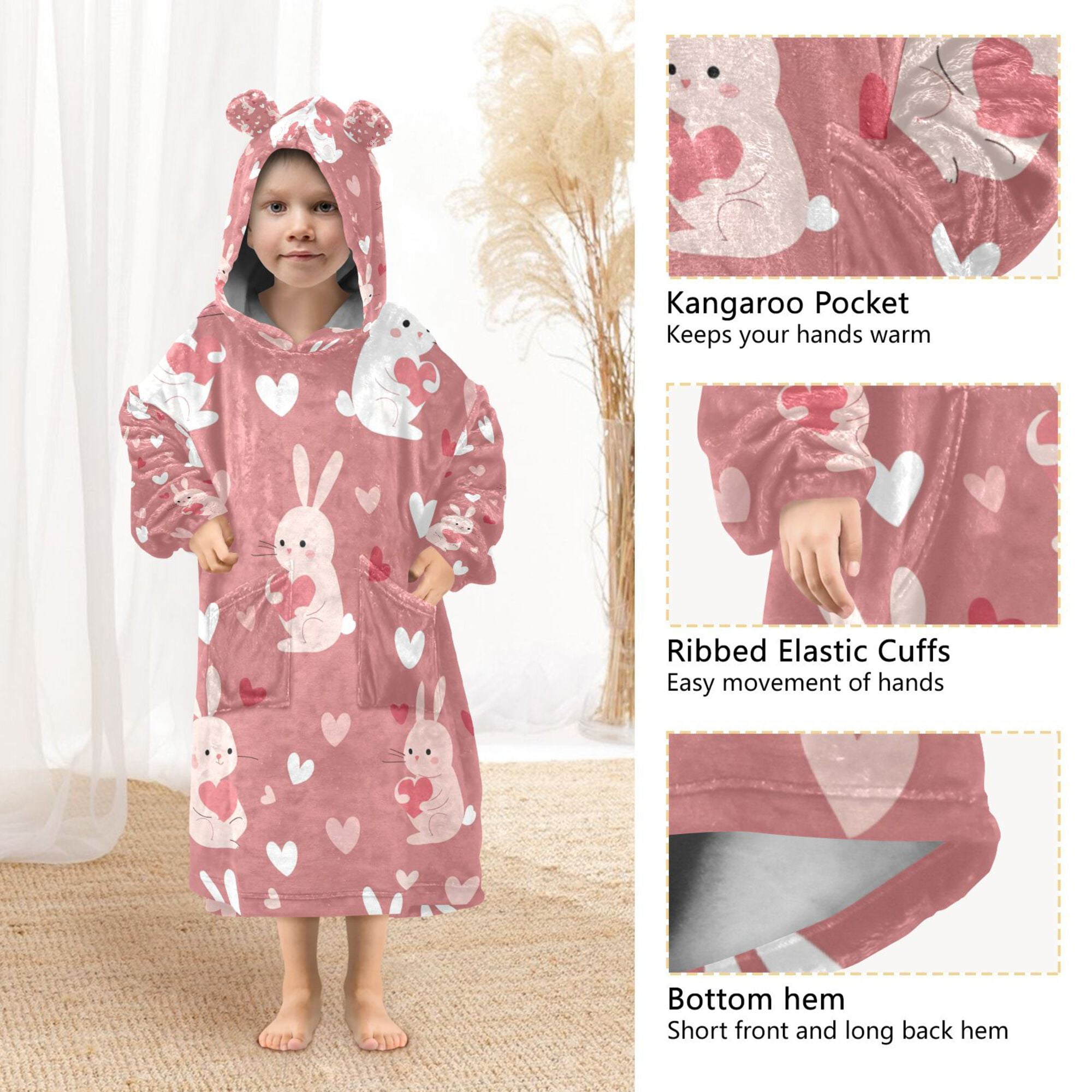 FORMRS Wearable Blanket Hoodie with Sleeves for Kids Cozy Flannel Sweatshirt, Bunny Love Blooms