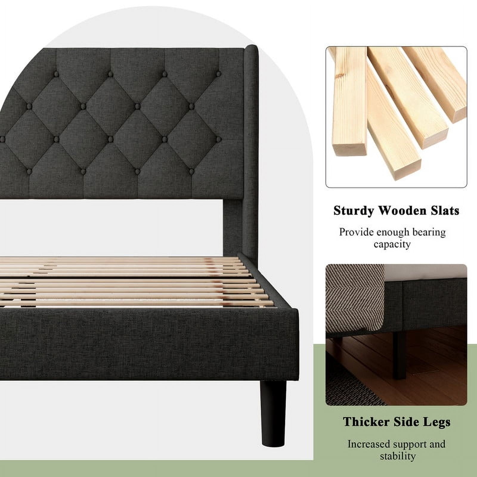 iPormis Queen Size Bed Frame with Diamond Button Tufted Wingback Headboard, Upholstered Platform Bed Frame with Strong Wood Slat Support, No Box Spring Needed, Dark Grey