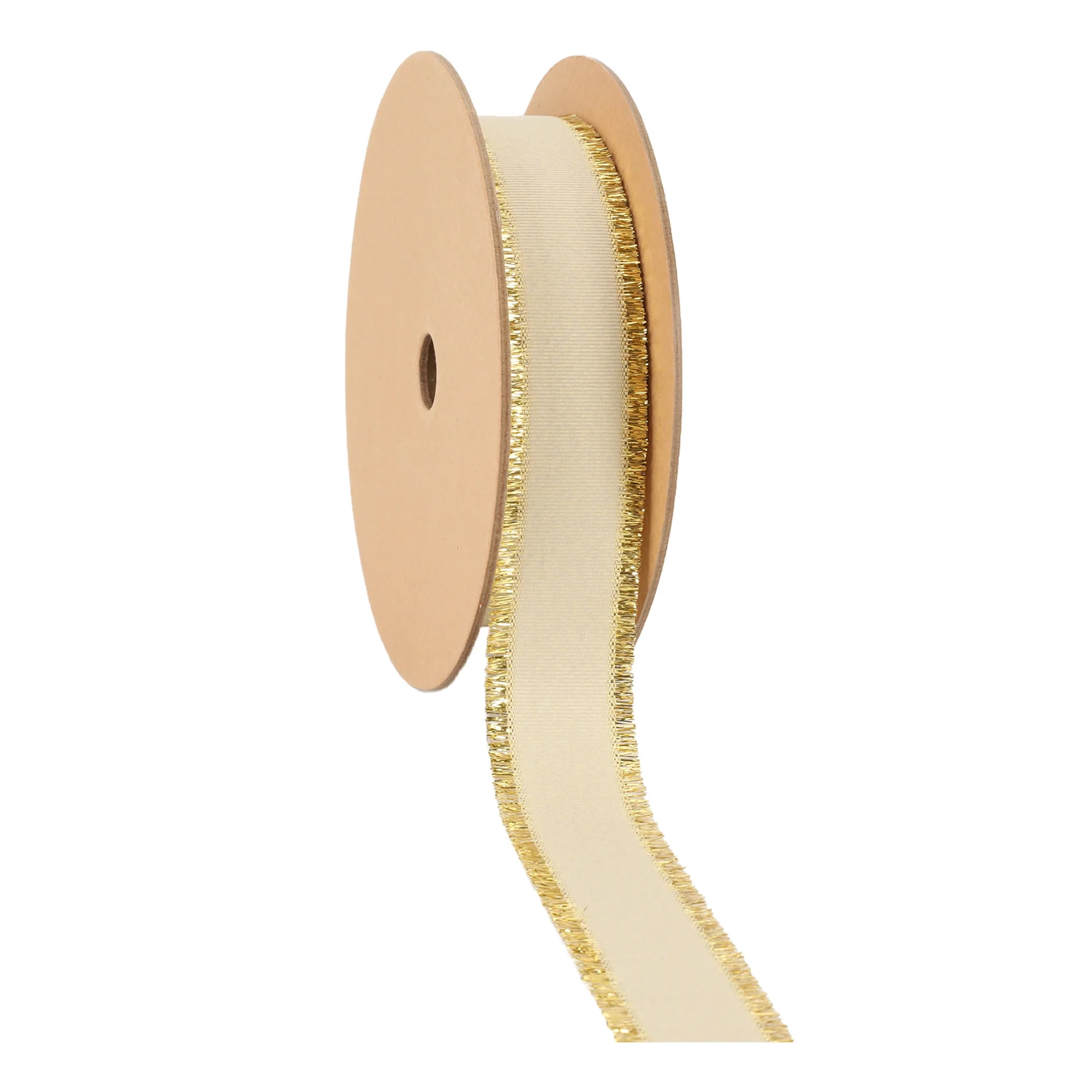 LaRibbons 1" Textured Grosgrain Ribbon | Gold Metallic Fringe Cream | 25 Yard Roll