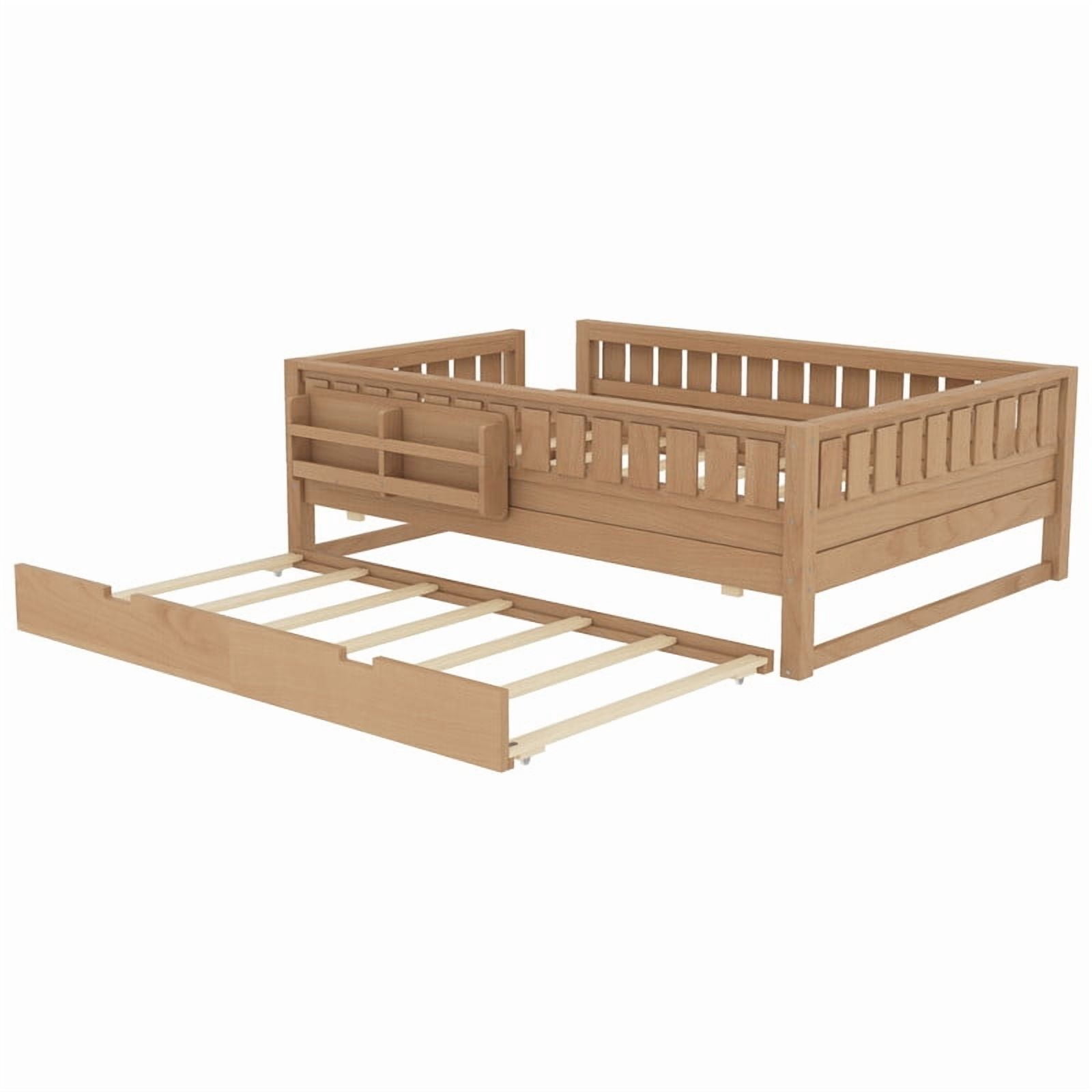 Bellemave Full Bed with Trundle and Small Stairs, Full Size Platform Bed Frame with Rail and Bookshelf, Wooden Montessori Floor Bed No Box Spring Needed,Natural