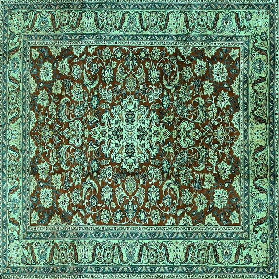 Ahgly Company Machine Washable Indoor Square Persian Turquoise Blue Traditional Area Rugs, 5' Square