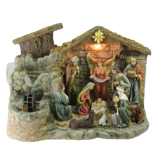 Northlight 11-Piece Pre-Lit Brown Christmas Nativity Figurine Set with Water Fountain 11" - Warm