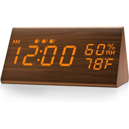 Digital Alarm Clock, with Wooden Electronic LED Time Display, 3 Alarm Settings, Humidity & Temperature Detect, Wood Made Electric Clocks for Bedroom, Bedside (Brown)