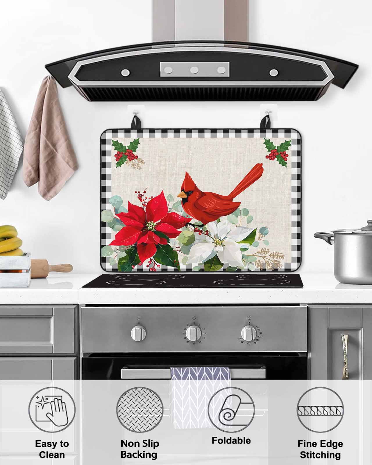 Large Induction Cooktop Protector Mat Christmas Stove Top Covers for Electric Stove, Xmas Poinsettia Botanical Black Plaid Decorative Stove Burner Cover Mats, Glass Top Stove Cover
