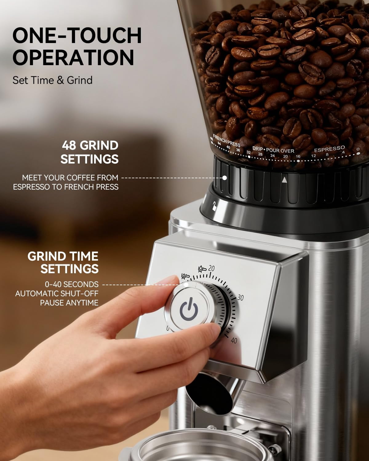 IAGREEA Conical Burr Coffee Grinder, 48 Grind Settings, Time‑Precise, Anti-Static Stainless Steel with Portafilter Holder for Espresso, Cold Brew
