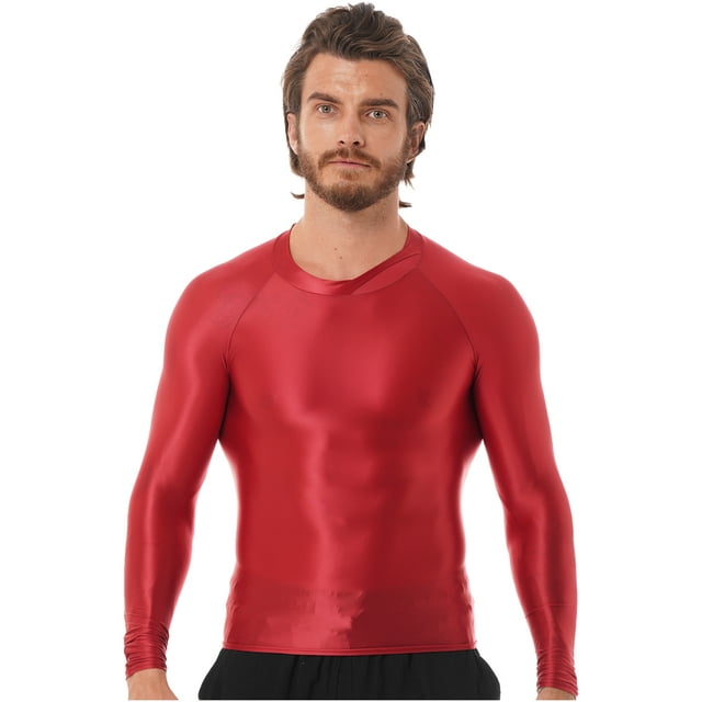 Jhaoyu Men's Glossy Long Sleeve Compression Shirts Athletic Workout Sports Rash Guard Undershirt Burgundy XL