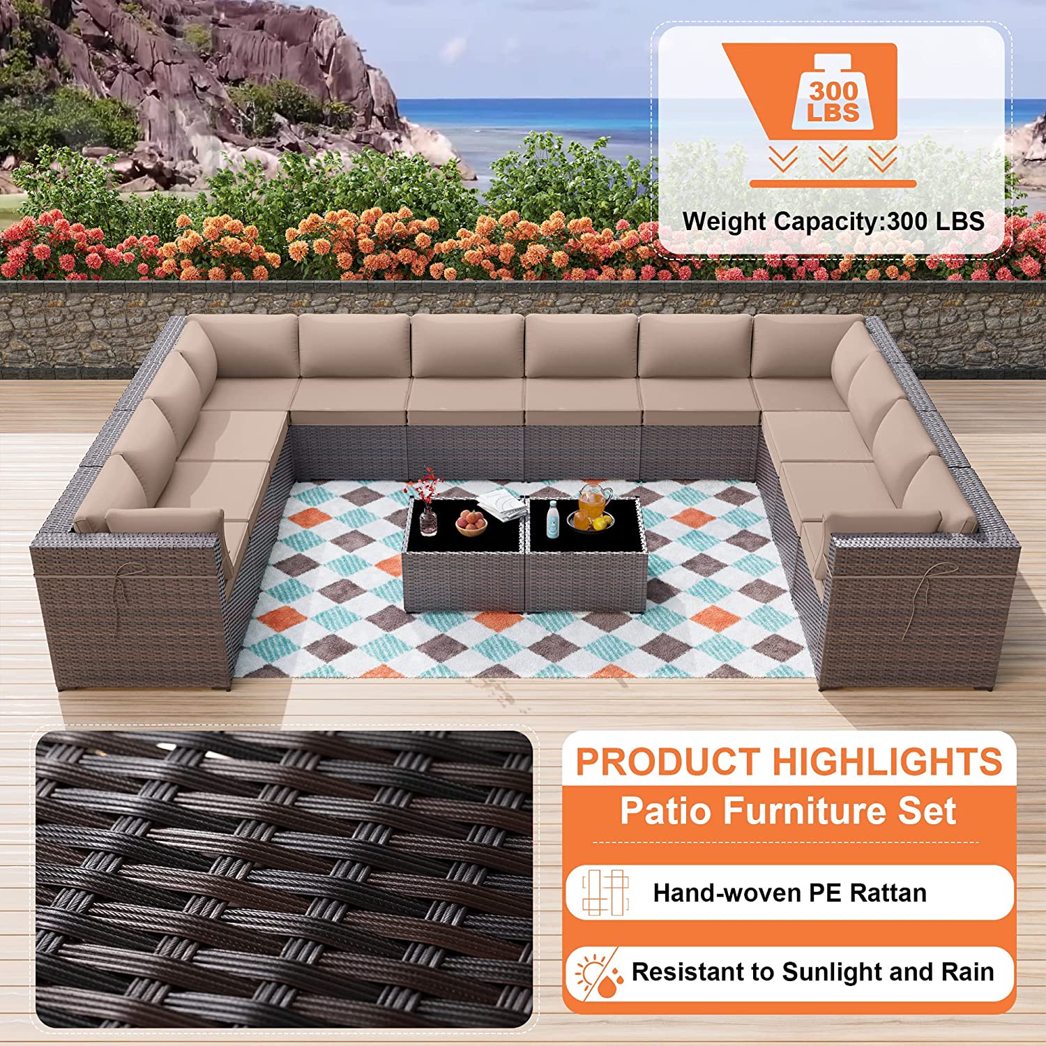 Gotland Outdoor Patio Furniture Set 14 Pieces Sectional Rattan Sofa Set PE Rattan Wicker Patio Conversation Set with Seat Cushions and Tempered Glass Table,Sand